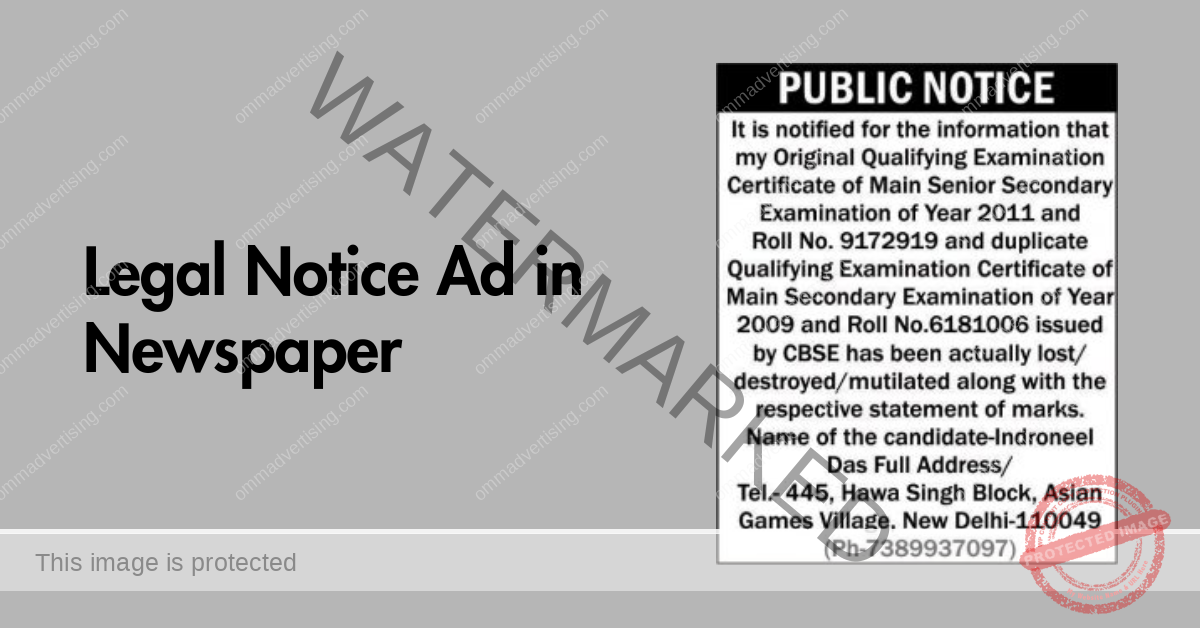 Legal Notice Newspaper ads in Kolkata