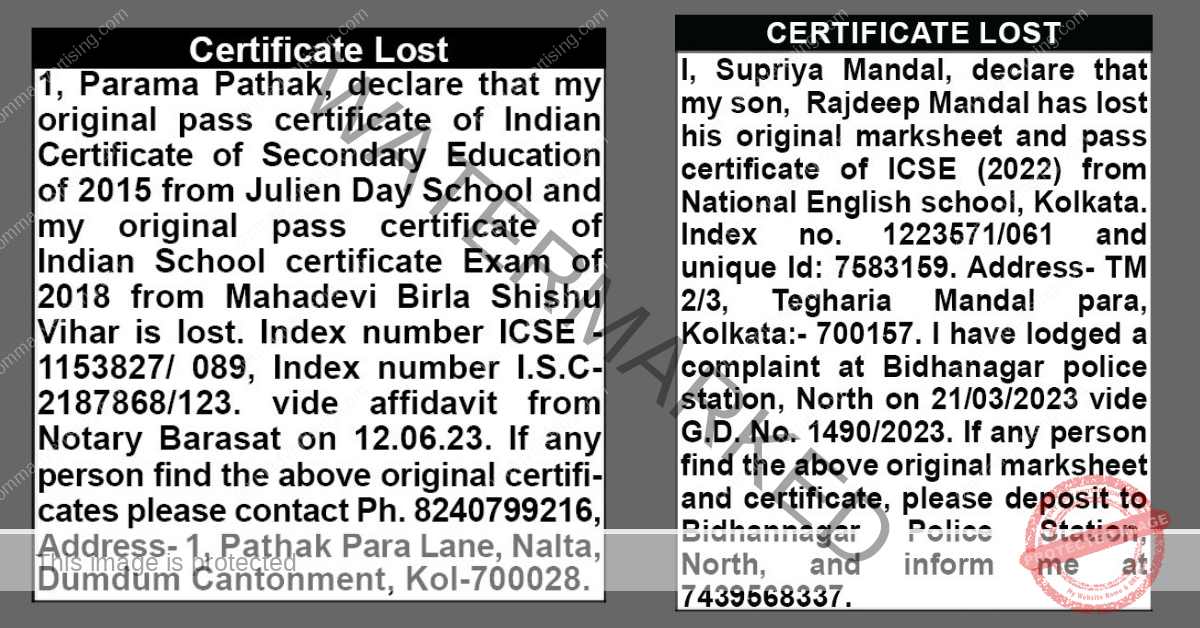 Lost and Found Advertisement in Newspaper in kolkata